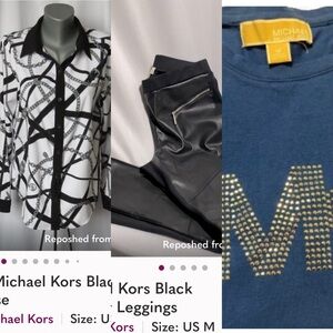 Michael Kors Black and White Chain Print Blouse mk pant  & long sleeve bling tee